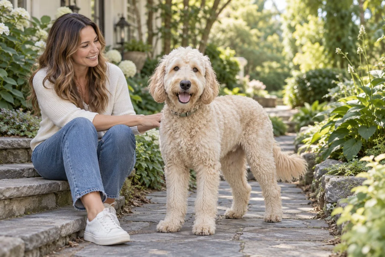 Owner sitting outdoors beside a curly-coated golden-colored dog